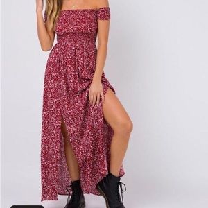 Cute red floral maxi off the shoulder dress!
